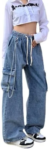 

Готические ретро джинсы NCDUANSAN для женщин, свободные, с множеством карманов, прямой крой