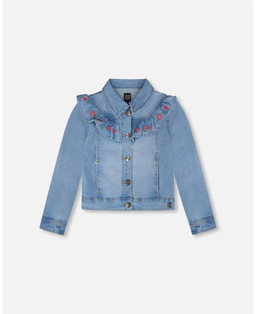 Джинсовая куртка для девочек с вышивкой Deux par Deux, светло-голубой denim