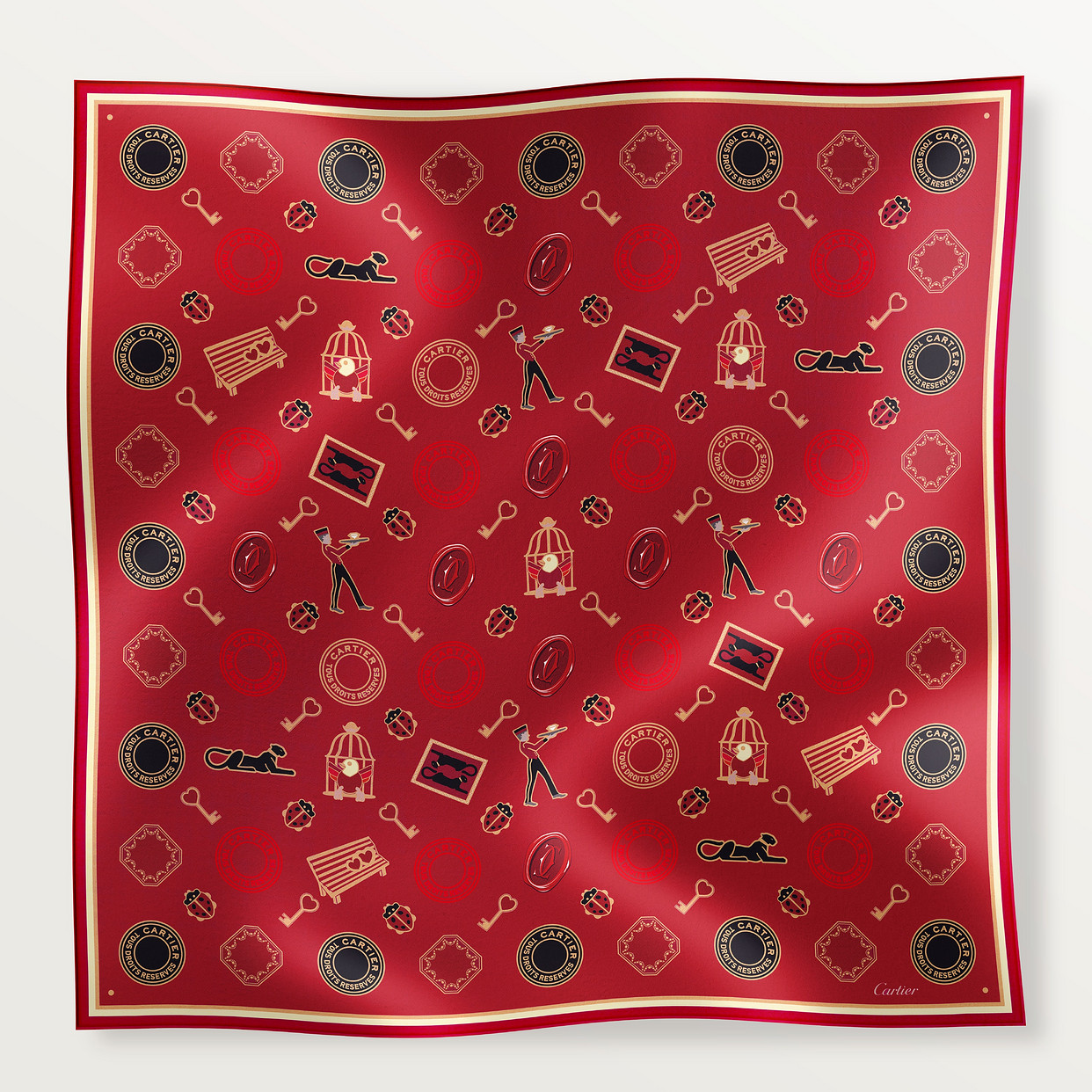 

Женский платок Cartier Carré 90, Diabolo de Cartier, бордовый шелковый твил