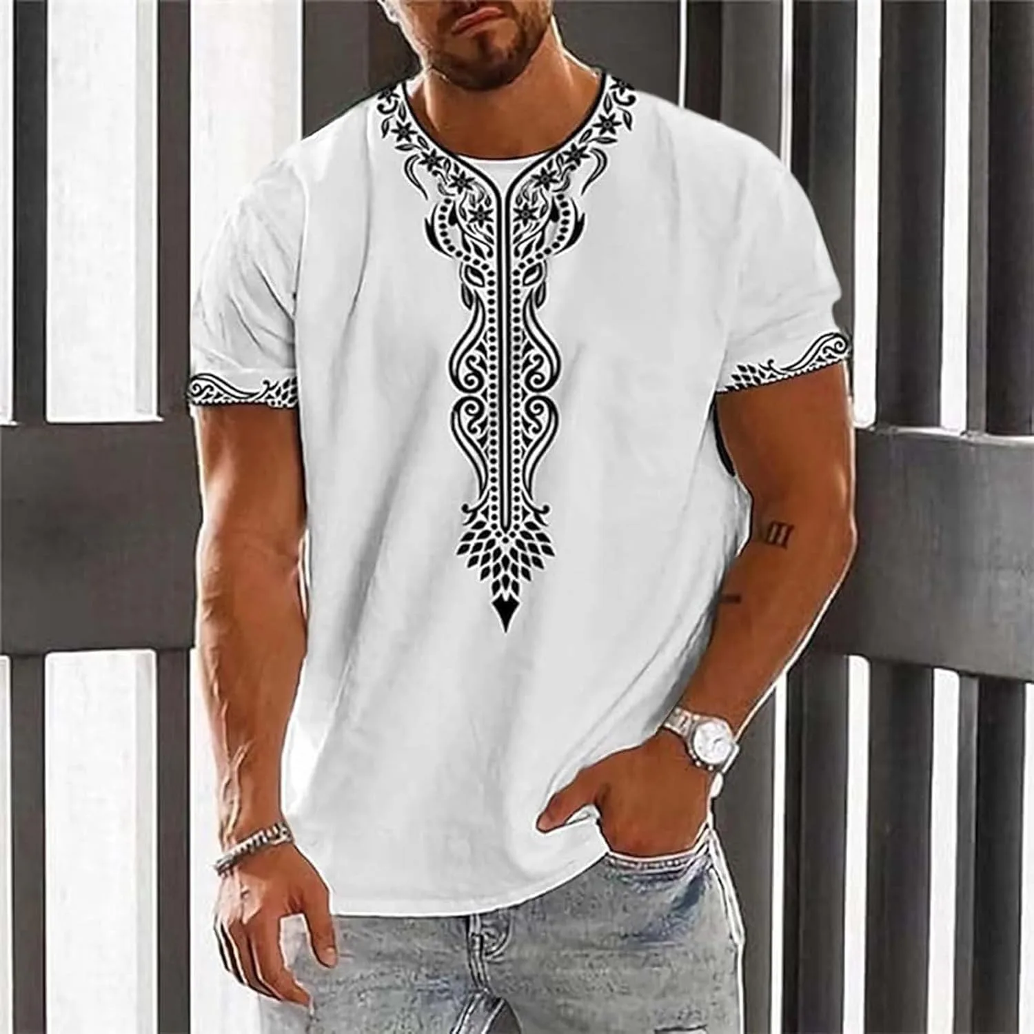 Футболка с коротким рукавом и круглым вырезом African Ethnic для мужчин больших размеров, винтажная принтованная, летняя, в стиле вестерн ковбой Generic, белый — фото 2