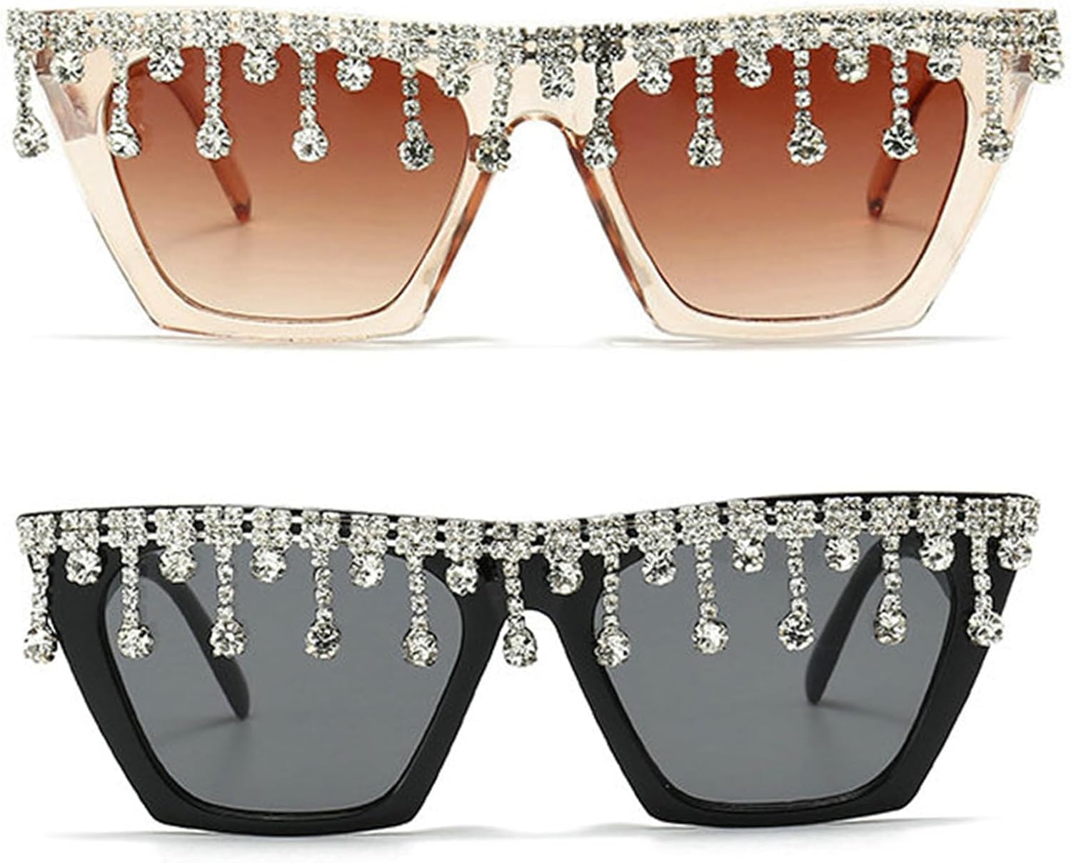 

Солнцезащитные очки Willochra Fashion «Кошачий глаз» с кисточками и стразами, женские солнцезащитные очки с хрустальными кисточками, уникальные блестящие очки с бриллиантами, 2pcs-black&champagne