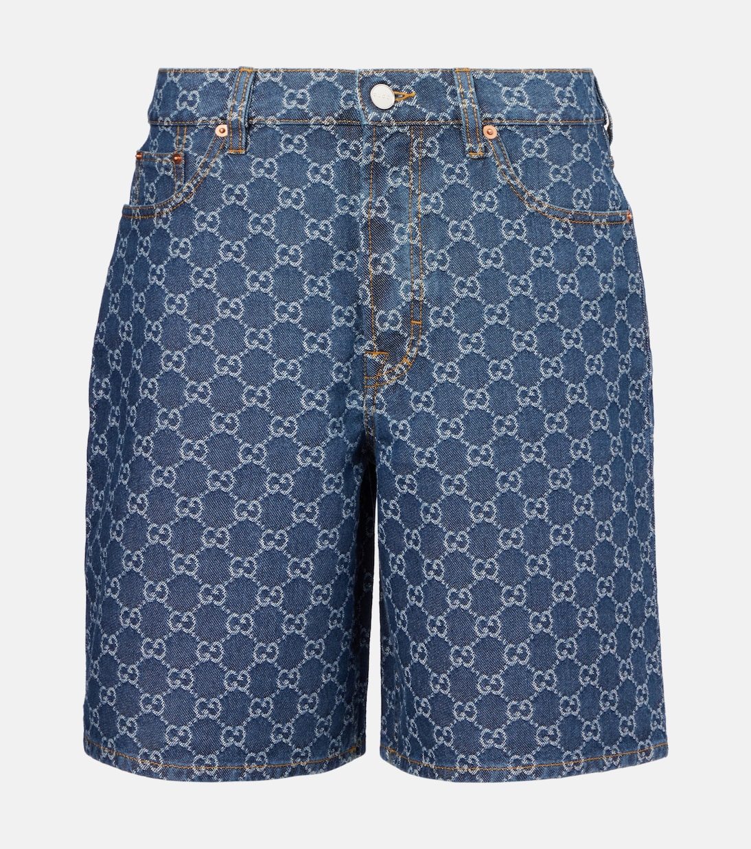 

Джинсовые шорты-бермуды с кожаной отделкой Gucci, Blue Denim