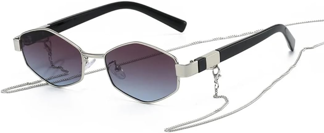 

Роскошные солнцезащитные очки с градиентным многоугольным рисунком для женщин, с оригинальными дужками и цепочкой, а также повседневные солнцезащитные очки для мужчин с защитой от УФ-излучения UV400 TVTBBVV, Silvery Grey Blue