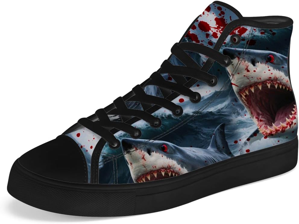 

Высокие кеды из канвы для мужчин и женщин Shark, высокие кроссовки на шнуровке, повседневная обувь Chebing, красный/синий