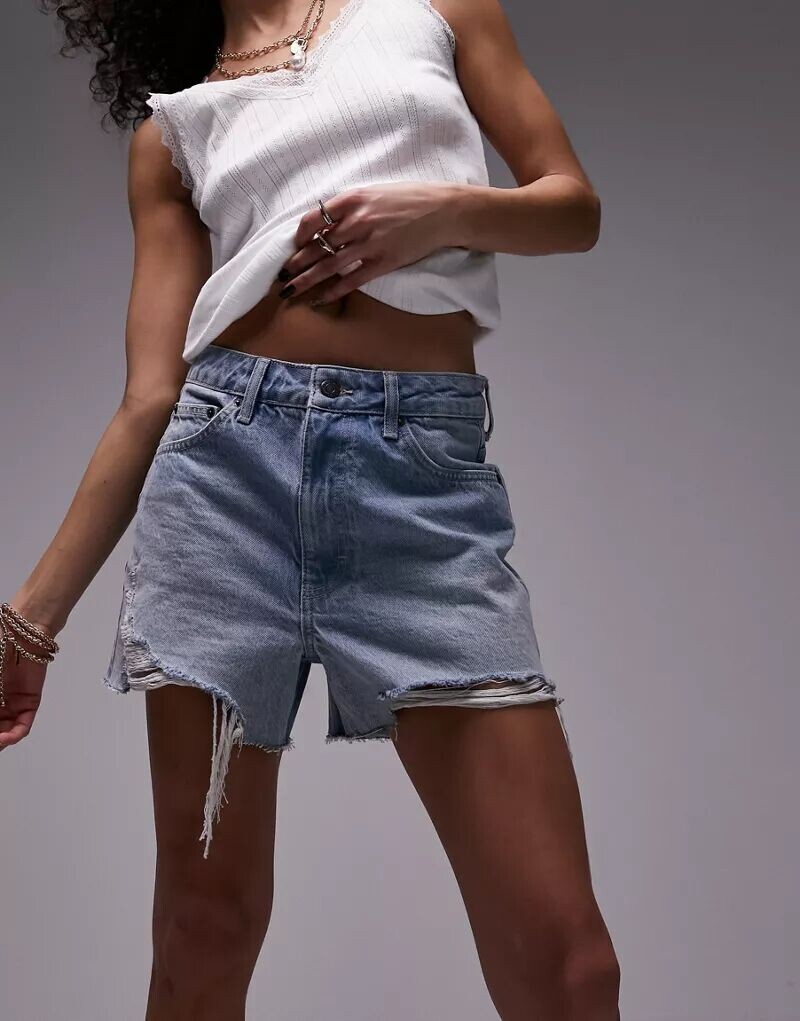 

Винтажные синие шорты А-силуэта с рваными краями Topshop
