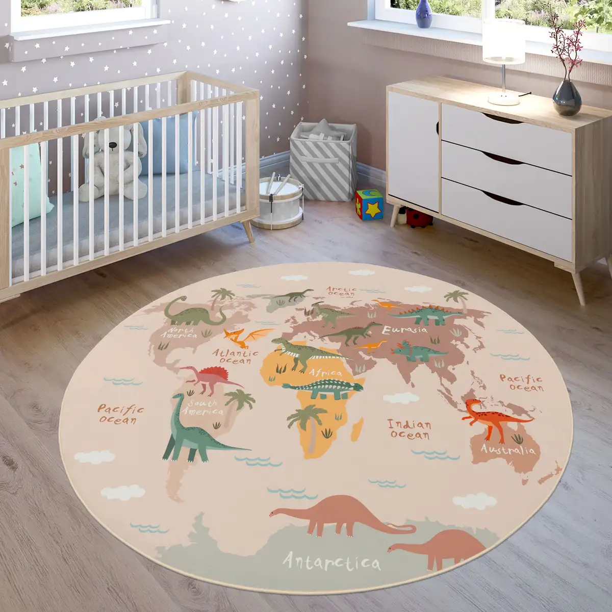 

Детский ковер Paco Home "Bino 583", круглый, игровой коврик, карта мира и мотив динозавра, детская комната Ø 200 см, бежевый