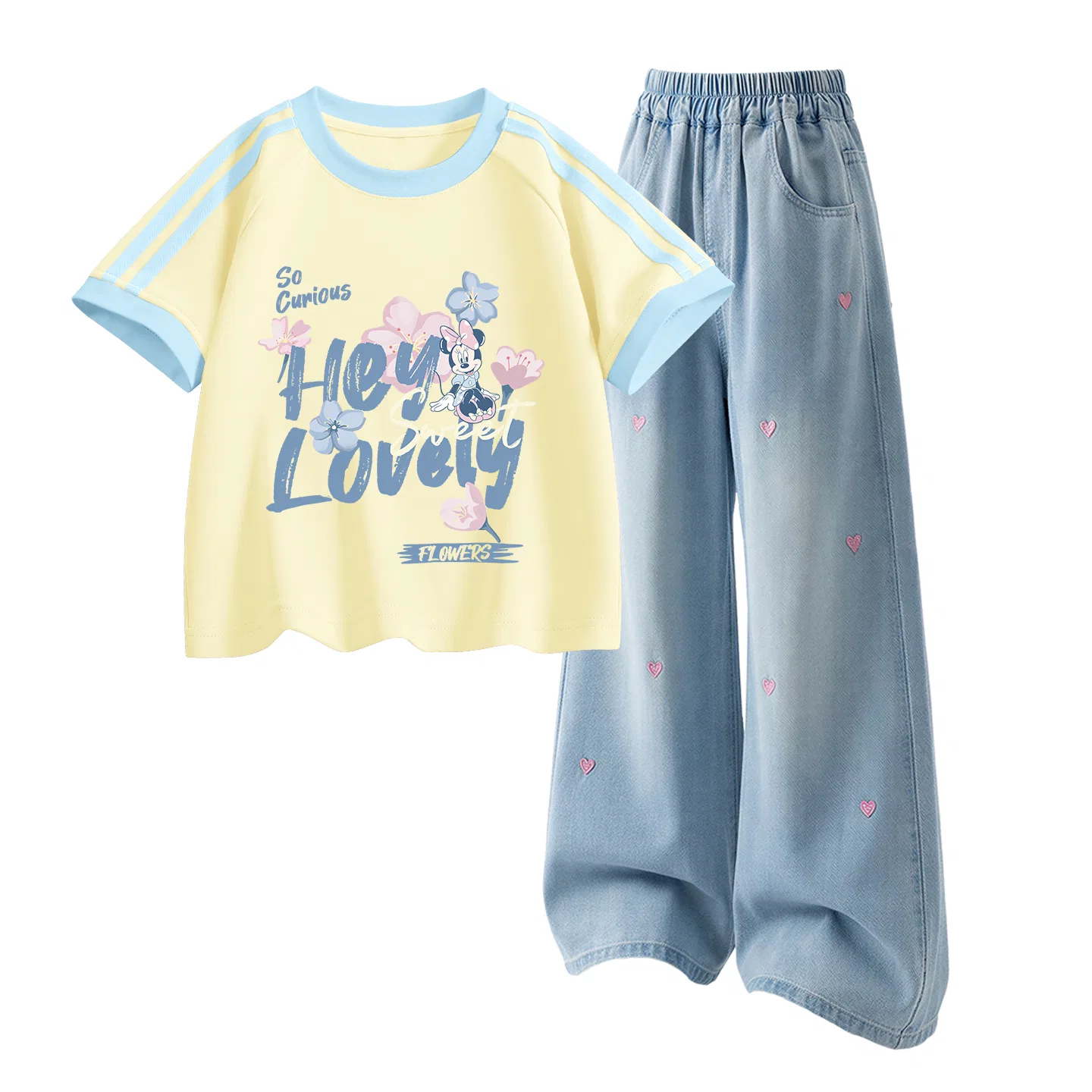 Детская повседневная спортивная футболка с круглым вырезом Disney, Di Light Honey Honey+Solid Color Denim Light Blue