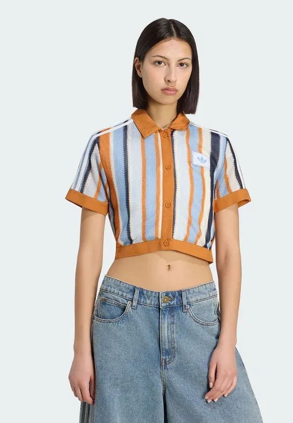 Блуза Adidas Originals Summer Glow Striped Cropped Button Down, цвет ржаво-оранжевый