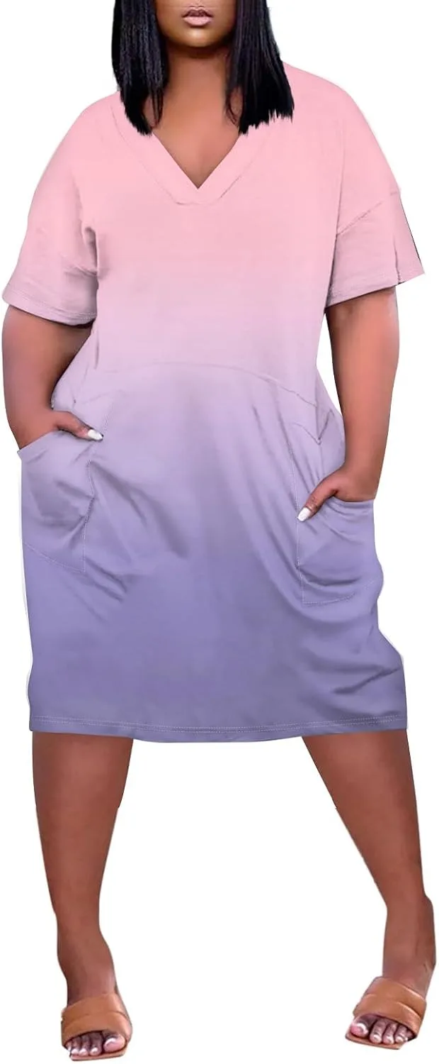 Футболка-платье Women Oversized Plus Size свободного кроя с V-образным вырезом и коротким рукавом, ночная сорочка Casual Midi Generic, светло-розовый
