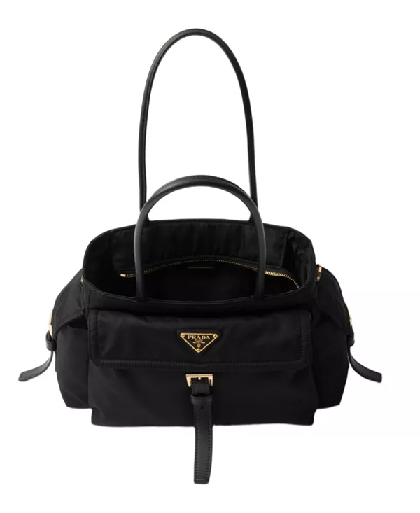 Ознакомьтесь с сумкой-тоут среднего размера из нейлона и кожи. Prada, черный — фото 4