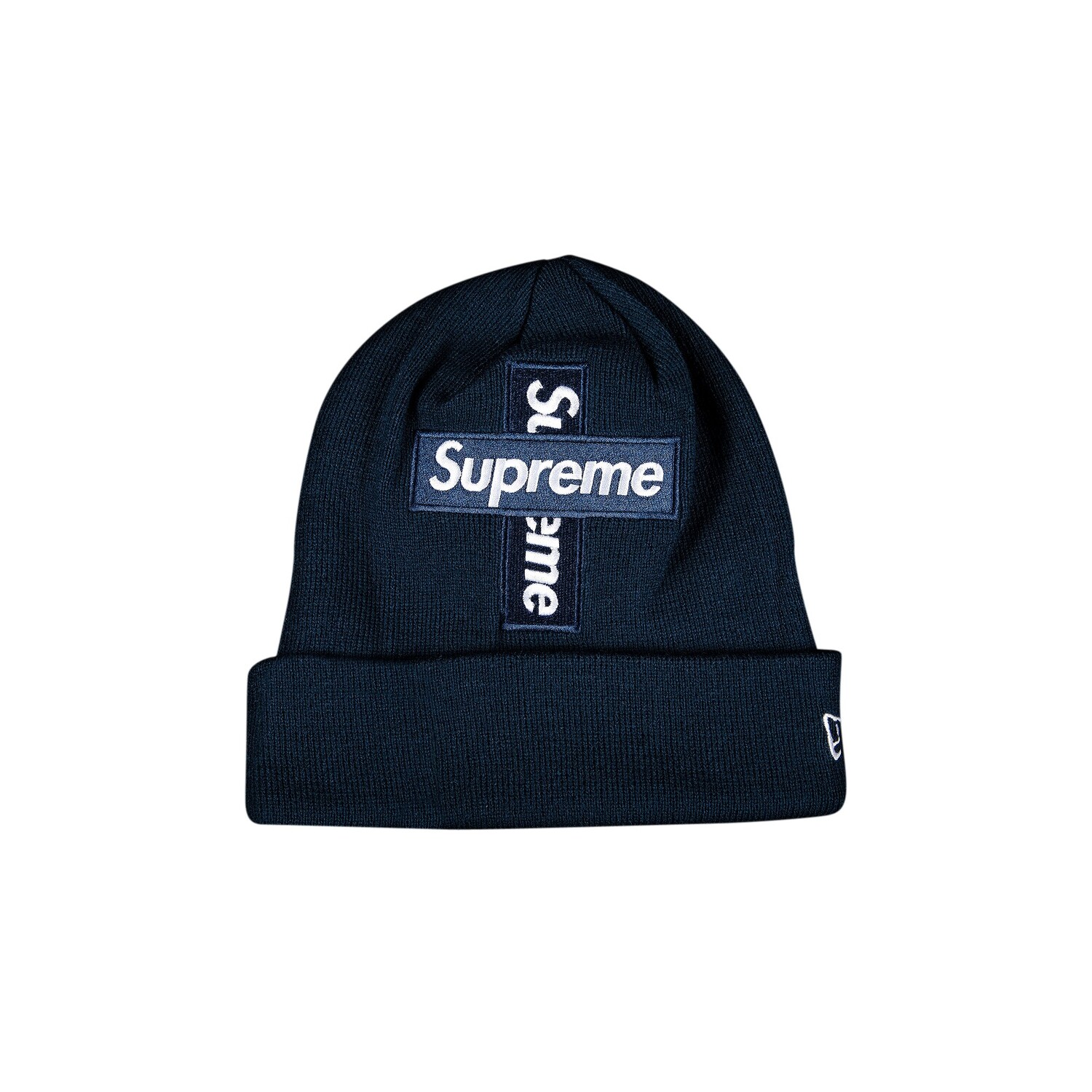 

Шапка-бини Supreme x New Era Cross Box с логотипом темно-синего цвета