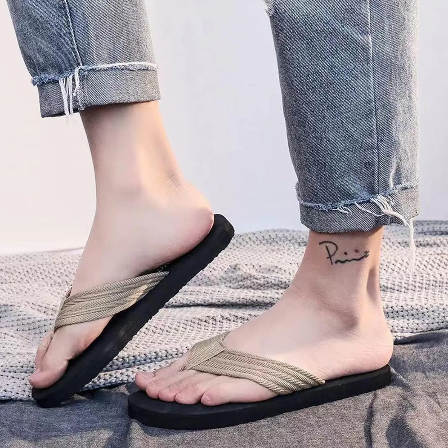 Pantoletten Herren Sommer, Hausschuhe Für Männer Sommer Herrenschuhe Strand Вьетнамки с плоским носком Сэндвич-шлепанцы Strand для мужчин Generic, Beige — фото 2
