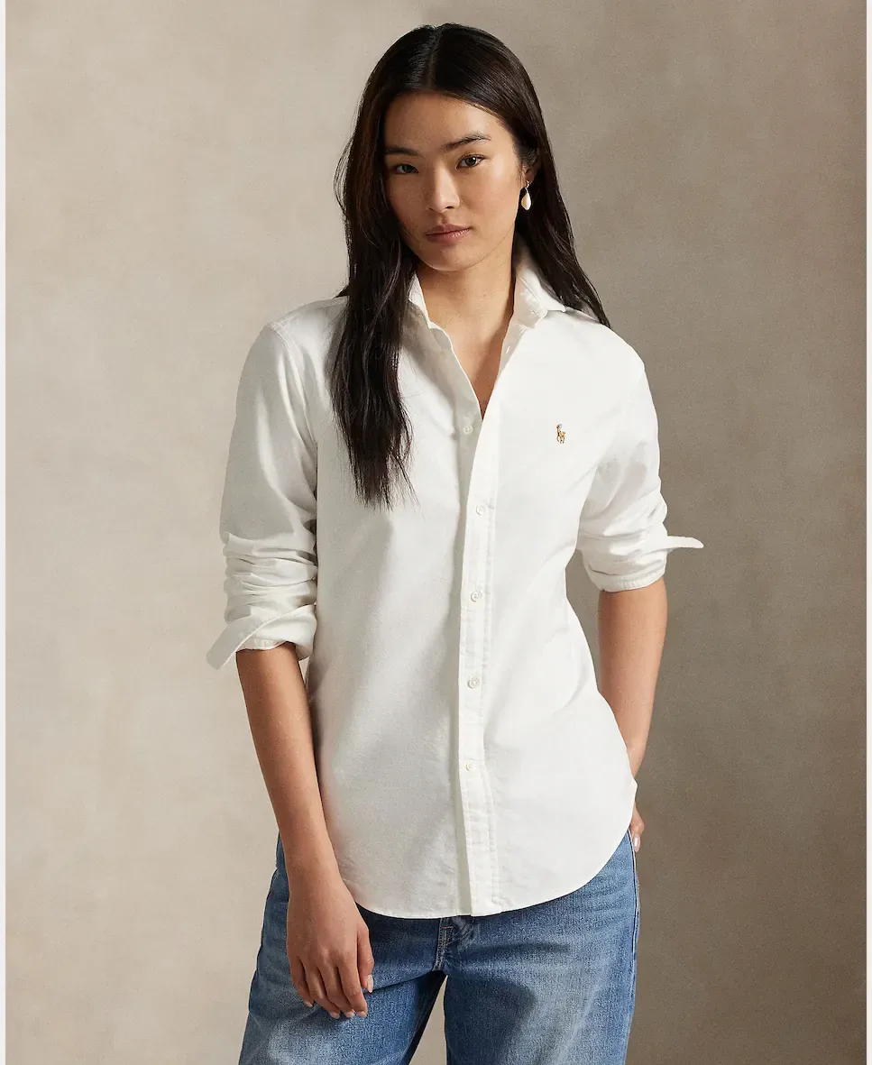 Женская базовая рубашка Оксфорд с контрастным логотипом Polo Ralph Lauren, белый — фото 4