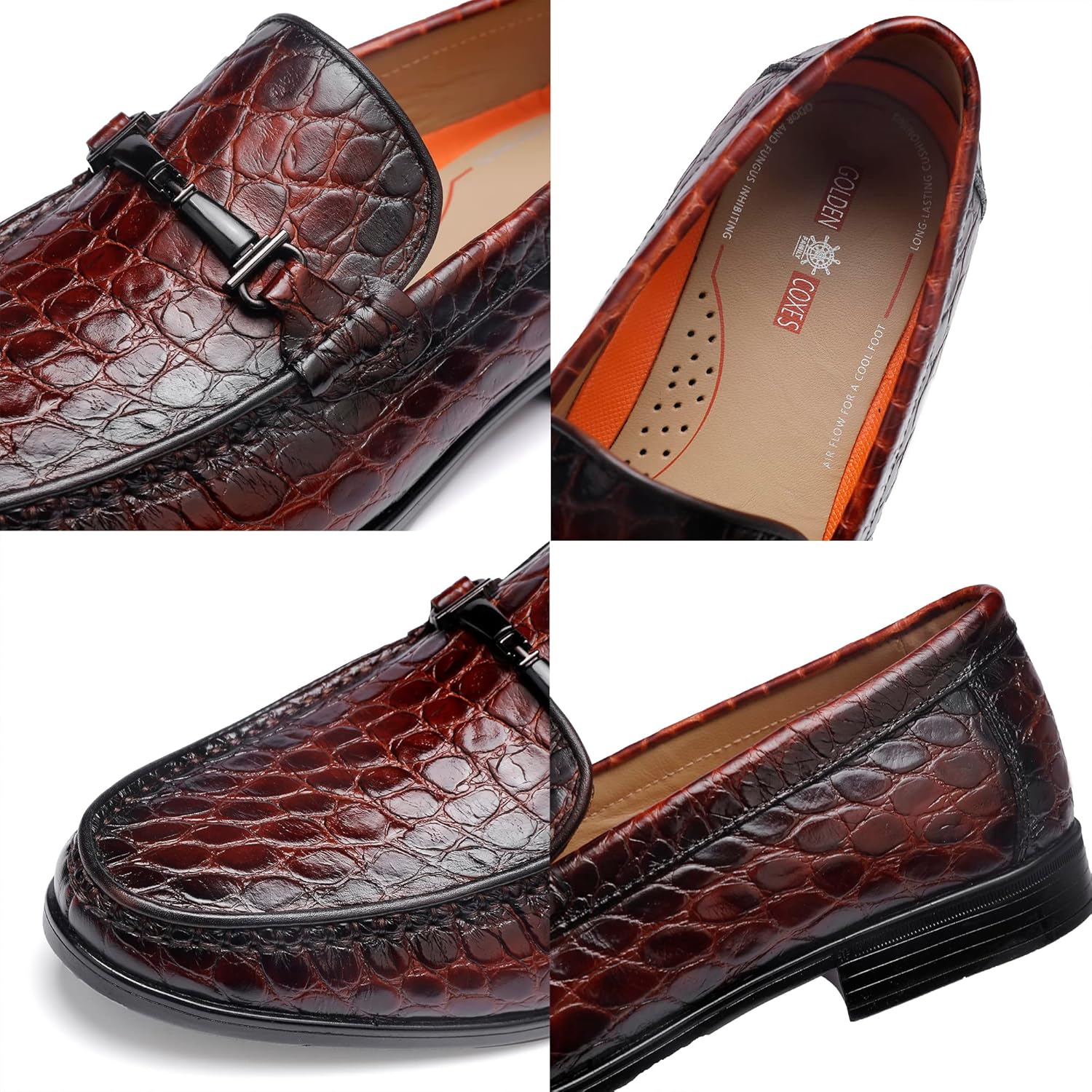 Кожаные туфли для мужчин, классические лоферы с принтом под крокодила без шнурков Generic, коричневый — фото 2