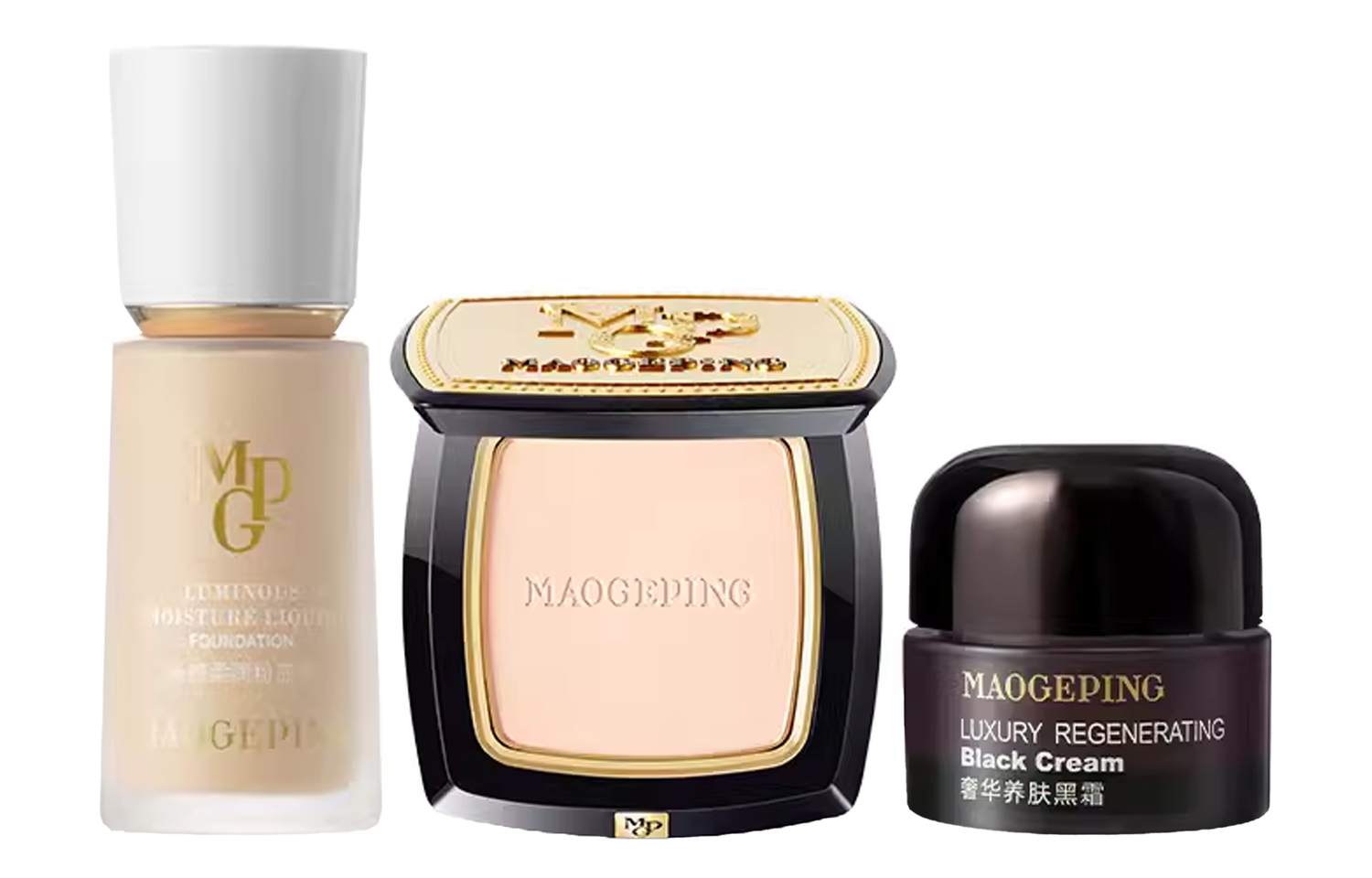 MAOGEPING Водяной крем тональная основа пудра компакт Black Cream набор макияжа стойкий выравнивающий тон кожи 30мл+7г+7г — фото 4