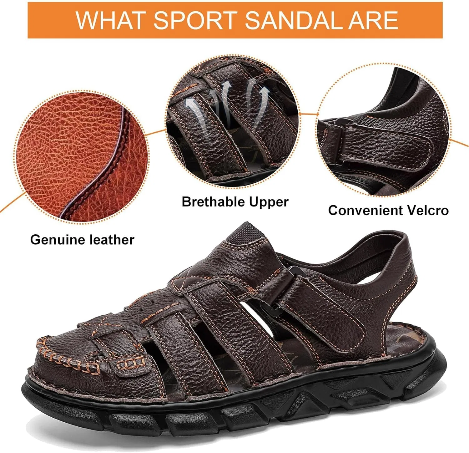 Спортивные сандалии Men's Leather Sandals Dark Brown Moodeng — фото 2
