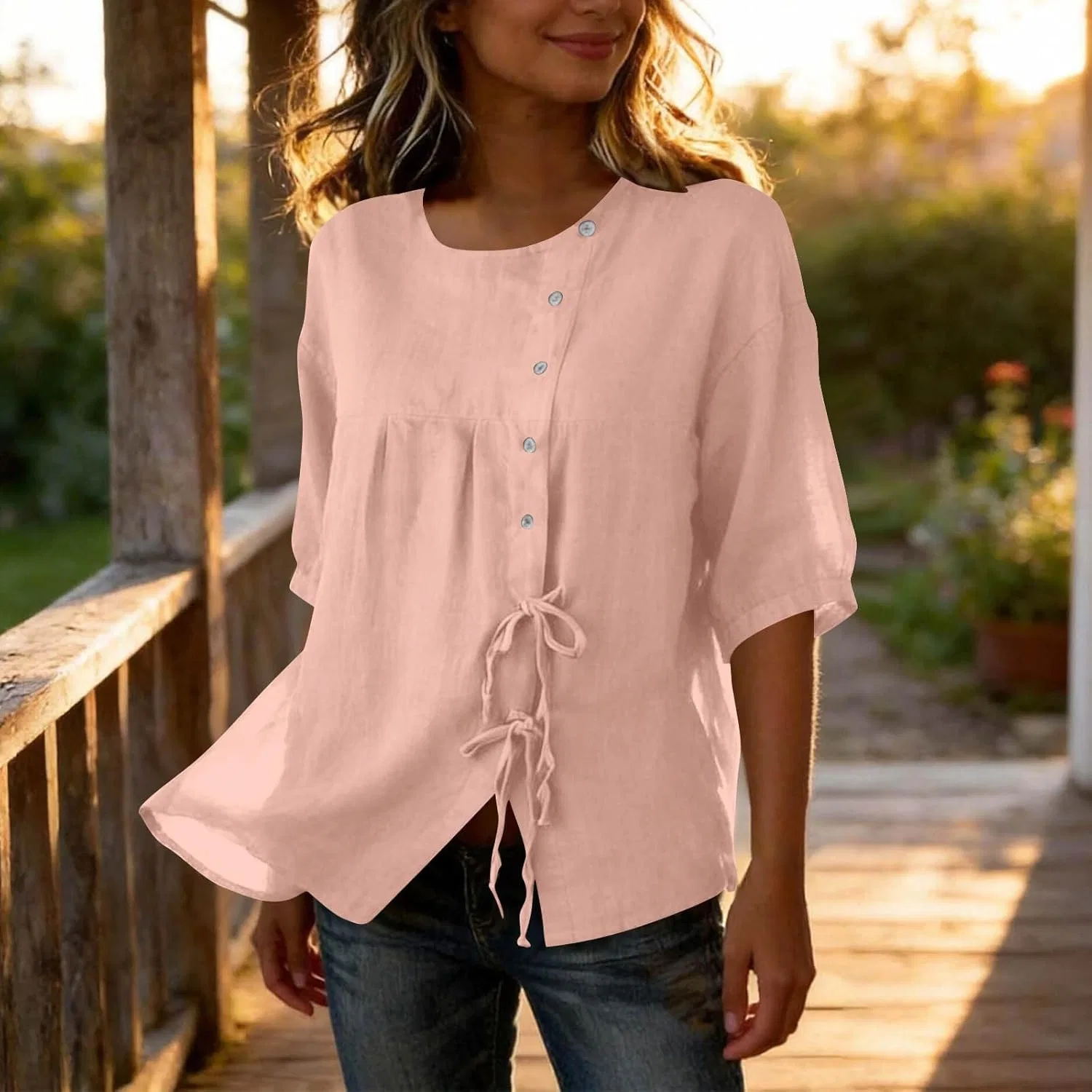 Женская блуза с завязкой бантом, Cotton Linen, 3/4 рукав, Pink — фото 3