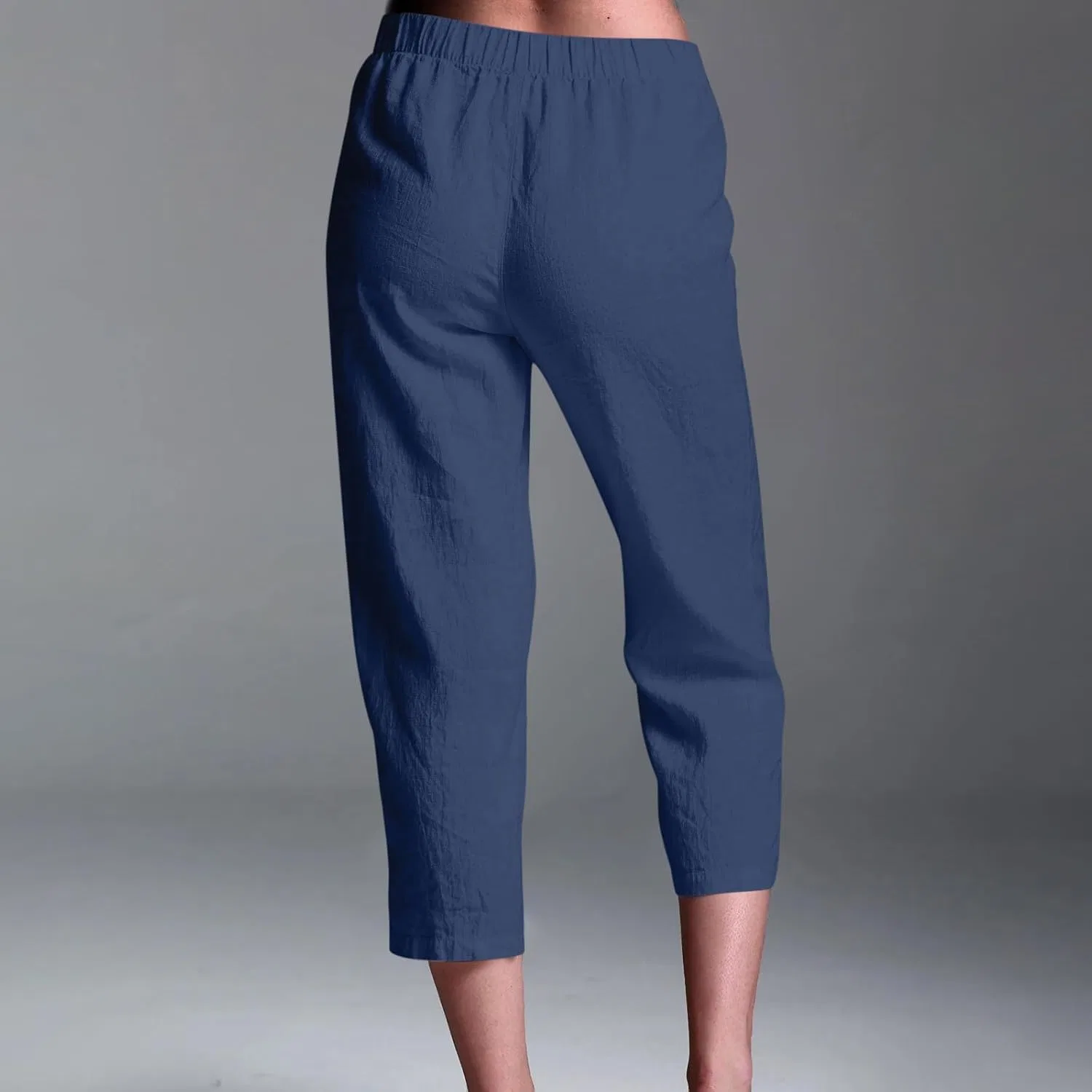 Льняные брюки женские 2026 Capri Pants с разрезом спереди, прямые, повседневные, свободные, с эластичной талией, укороченные Generic, темно-синий — фото 4