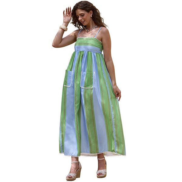 

Полосатое платье-макси на тонких бретелях для летнего отдыха Inspire Chic