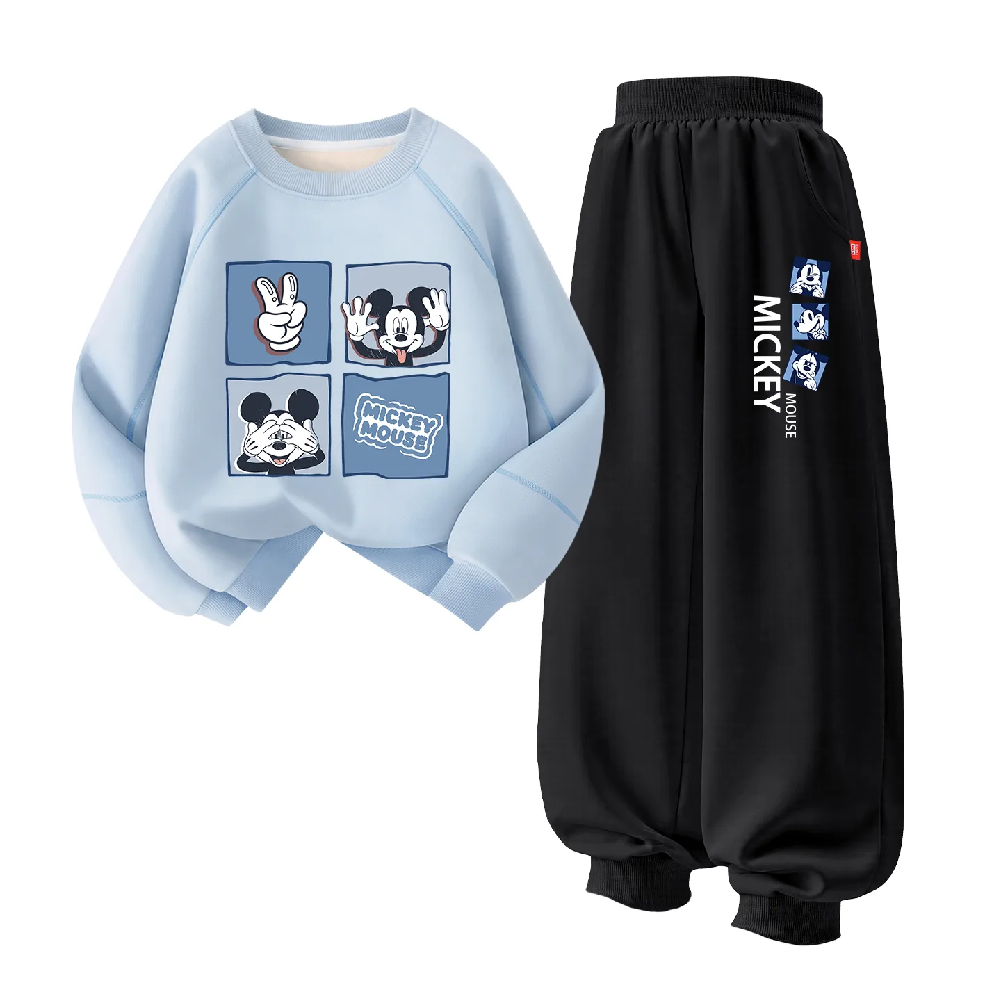 Детская повседневная спортивная футболка с круглым вырезом Disney, [Thickened and Fleece-Lined]Di Square Block Sky Blue+Di Frame with Mickey Mouse Black