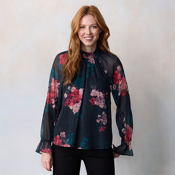 

Женская блузка с длинным рукавом и сборкой на горловине Lc Lauren Conrad, Lt Black 2 Camilla