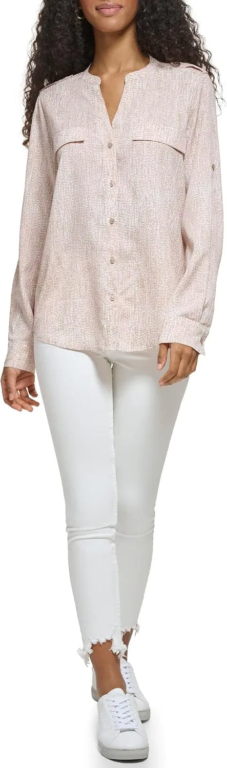 Блуза с принтом, хлопок Pocket Poly CDC Roll Tab Sleeve, Calvin Klein, розовое дерево