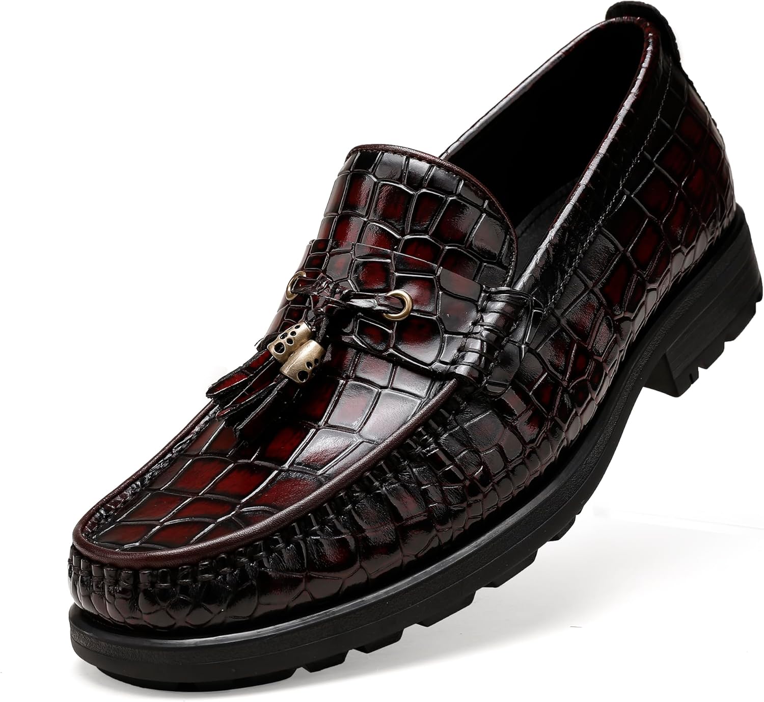 

Мужские лоферы с кисточками, повседневные лоферы с тиснением под крокодила, ручная работа, без шнурков, пенни-лоферы для мужчин Generic, винный