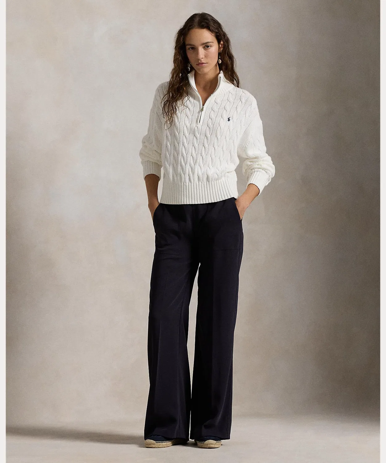 Свитер с четвертной молнией, кейбл-нить, хлопок, Ralph Lauren, белый — фото 3