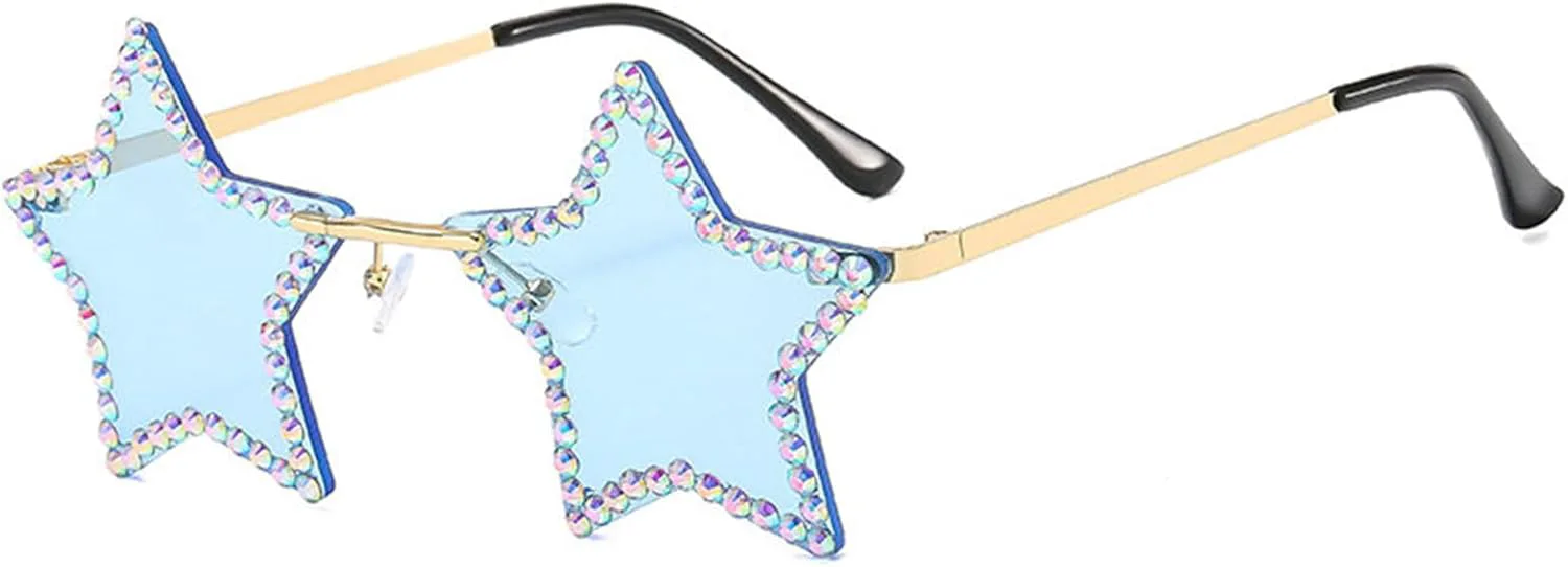 

Солнцезащитные очки Willochra без оправы в форме звезды с защитой UV400, модные солнцезащитные очки со стразами, очки для вечеринок для женщин, 2pcs-blue&pink