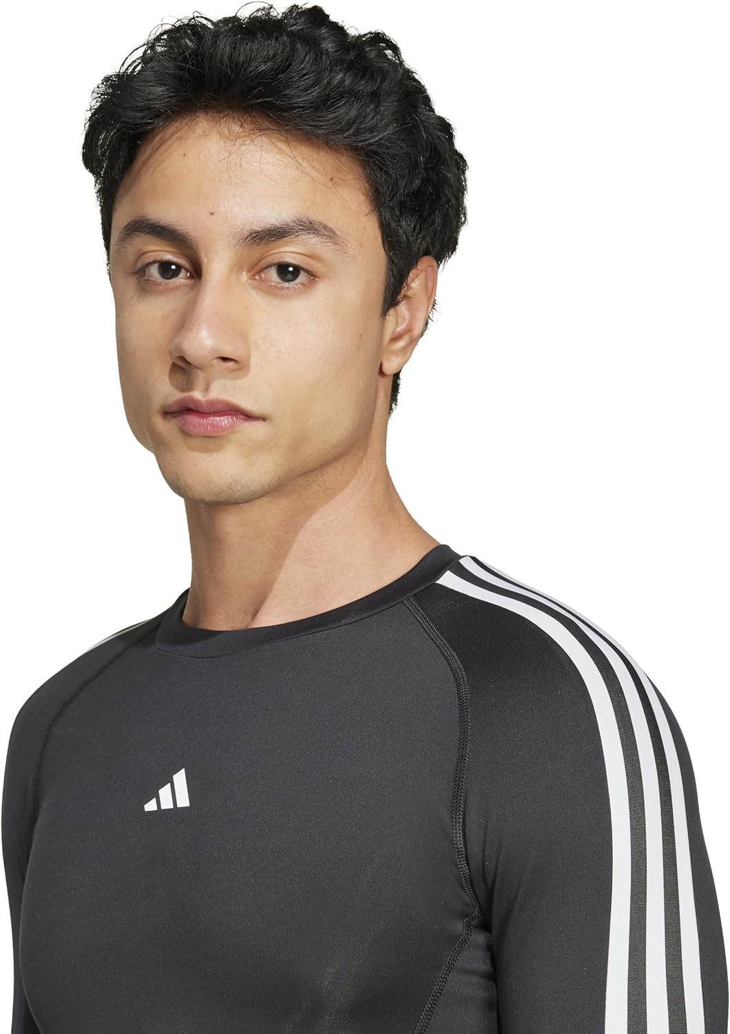Мужская компрессионная тренировочная футболка adidas TechFit с тремя полосками и длинным рукавом, модель JTE76, черный — фото 3
