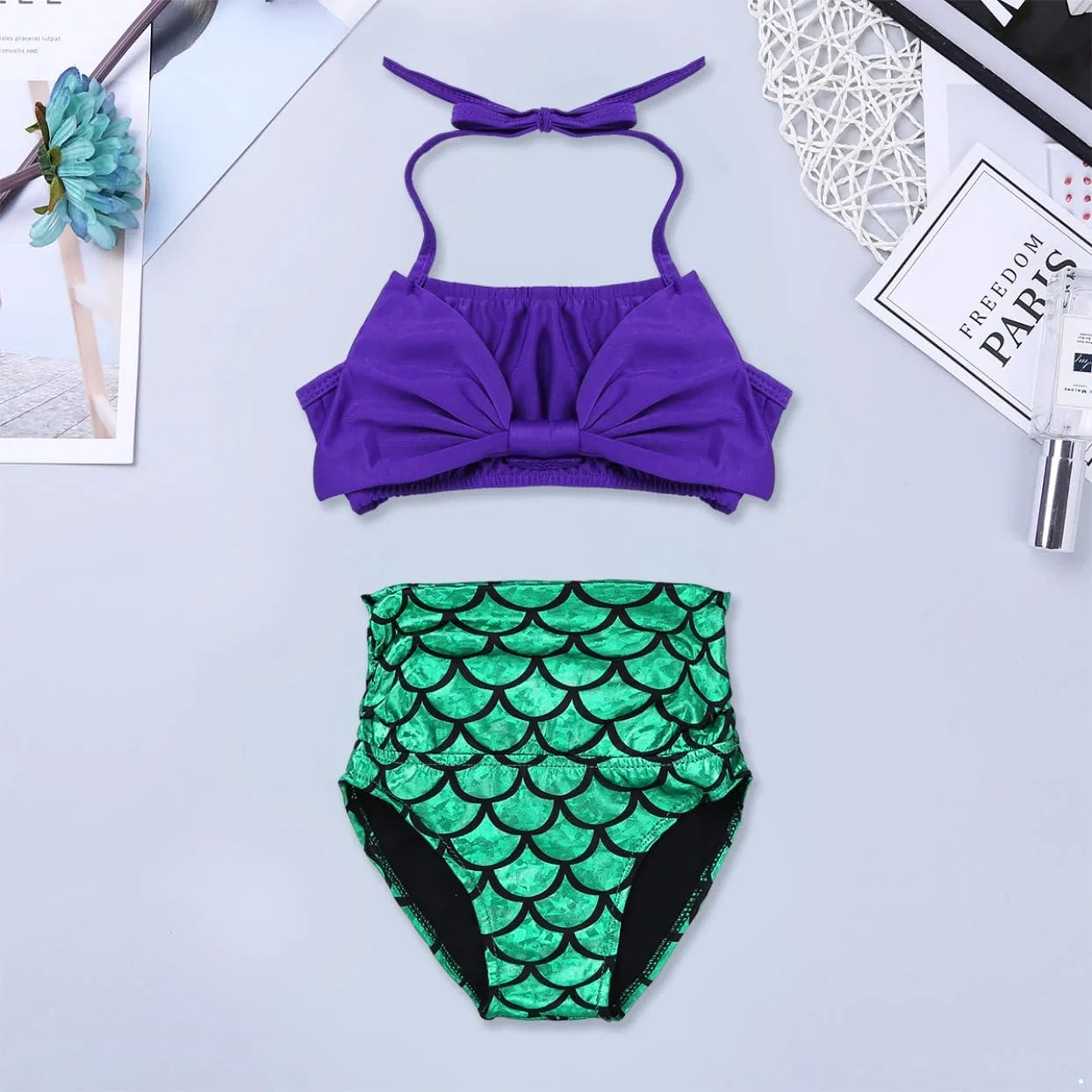 TTAO 2PCS Детский купальник-танкини «Принцесса-русалка» для девочек, пляжный комплект: бикини с бантиком, укороченный топ, бюстгальтер и трусики, фиолетовый — фото 3