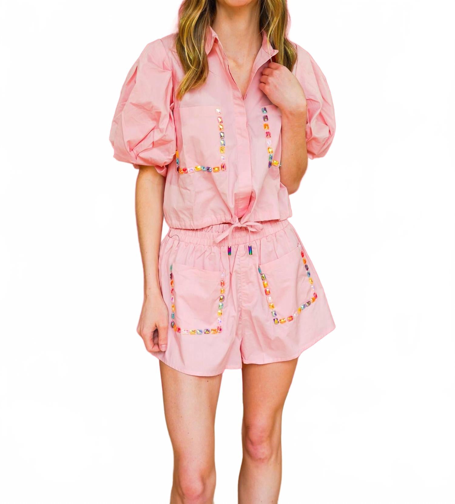 

Многоукрашенные карманы хлопковые шорты светло-розовые QUEEN OF SPARKLES