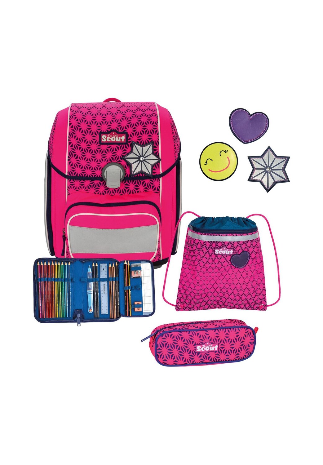 

Набор школьных сумок Genius Neon Safety DIN, 4 предмета Scout, цвет Pink Glow