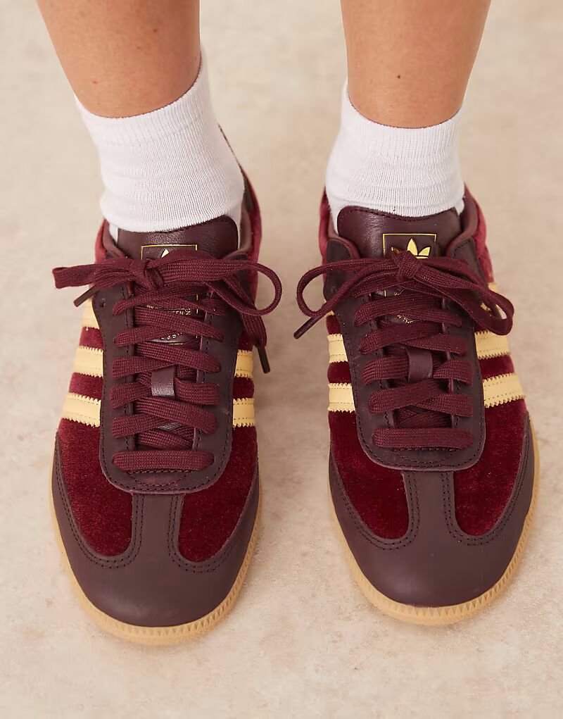 Кроссовки Adidas Originals Samba OG из бархата бордового и желтого цветов — фото 4