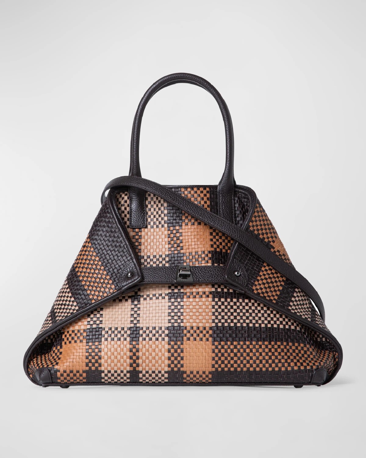 

Маленькая плетеная сумка Ai с верхней ручкой в ​​клетку Akris, цвет Camel Mocca