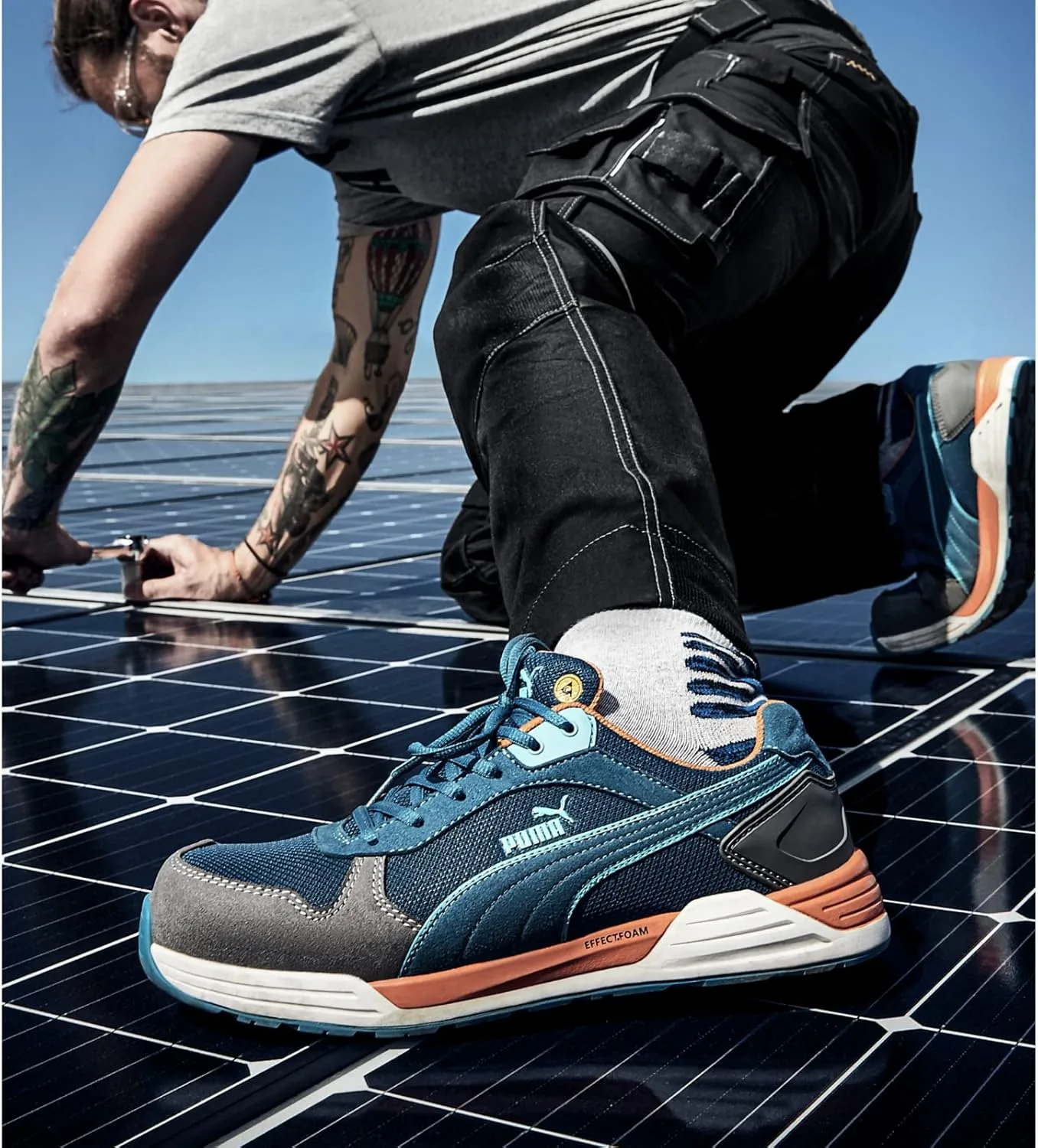 Низкие защитные ботинки PUMA Safety Frontside Low Work Shoe S1P ESD HRO SRC с защитным колпачком. Стекловолокно, низкое энергопотребление, теплоотвод, неметаллический вставок, мужской, синий — фото 3