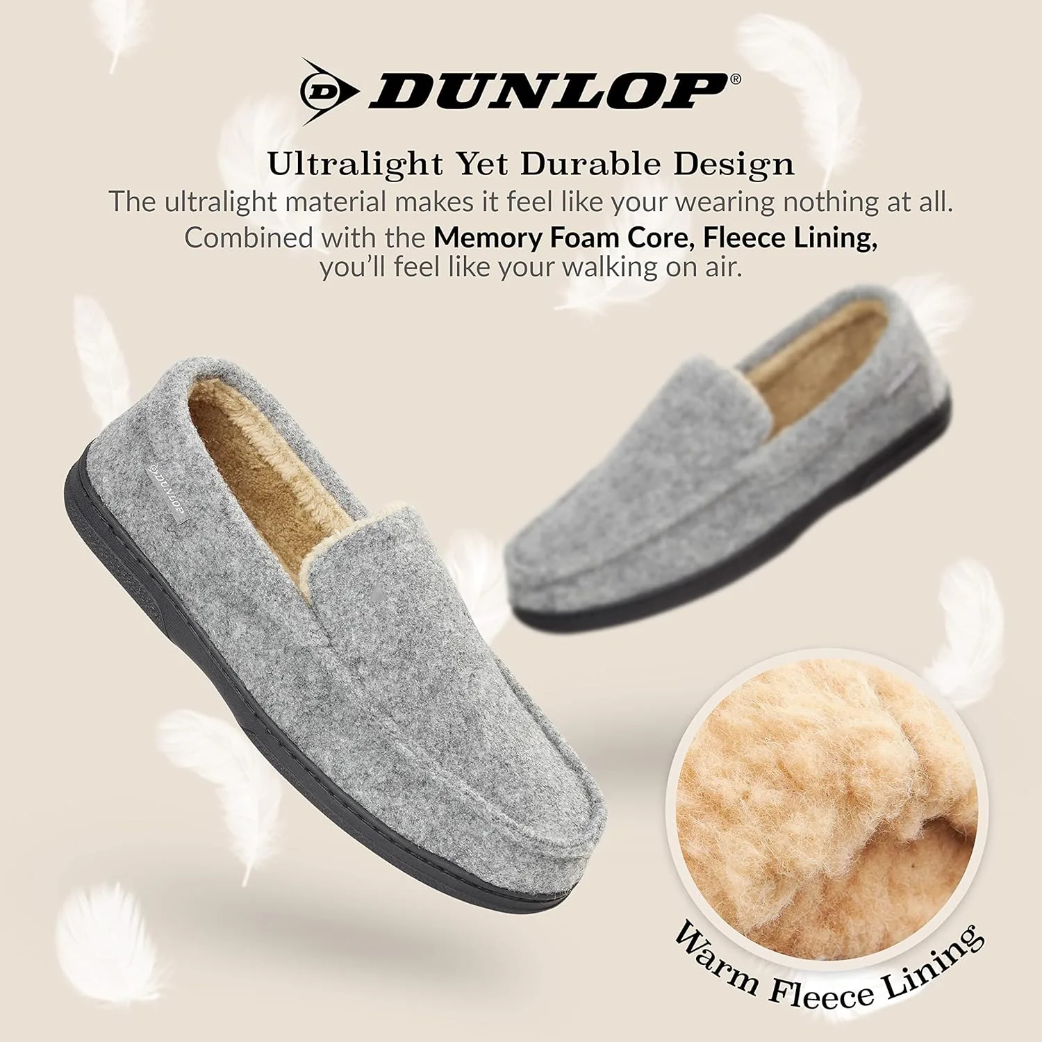 Мужские мокасины-тапочки Dunlop с подкладкой из пеноматериала с эффектом памяти и флиса, нескользящие, размеры 41-46, серый — фото 4
