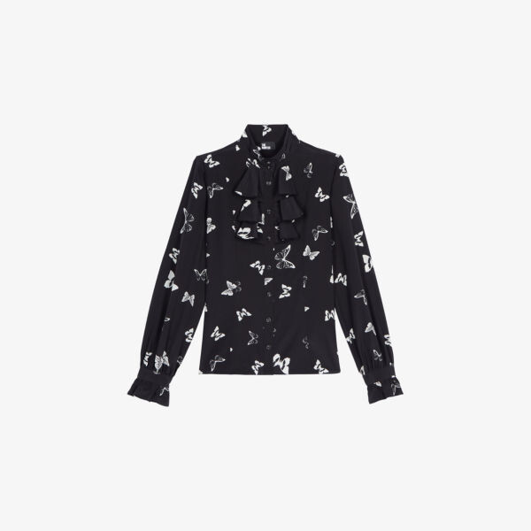 

Шелковая рубашка с принтом «Бабочка» и оборками The Kooples, черный