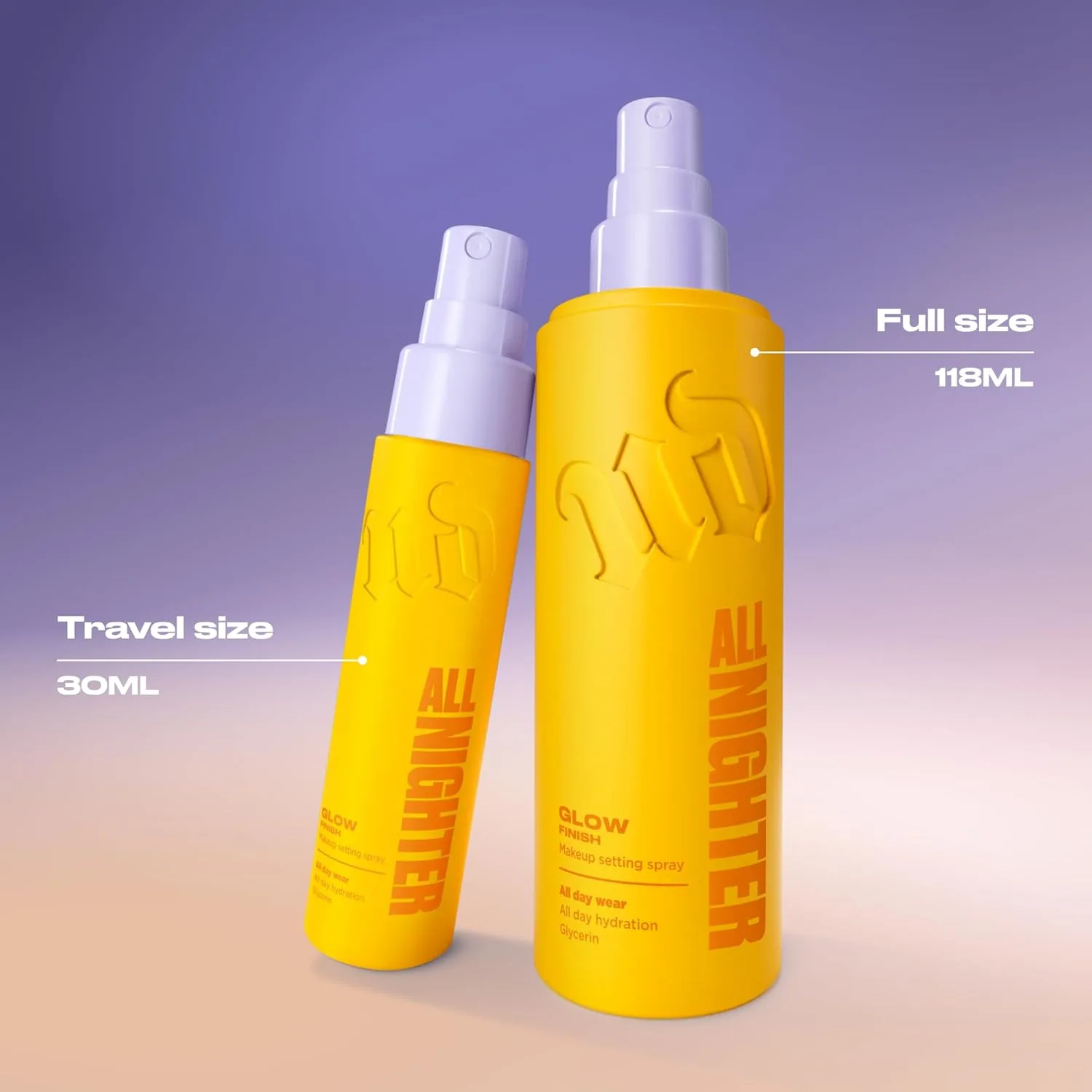 Urban Decay All Nighter Setting Spray Duo: полный размер (118 мл) и дорожный (30 мл) с эффектом сияния, водостойкий, фиксирующий праймер — фото 2