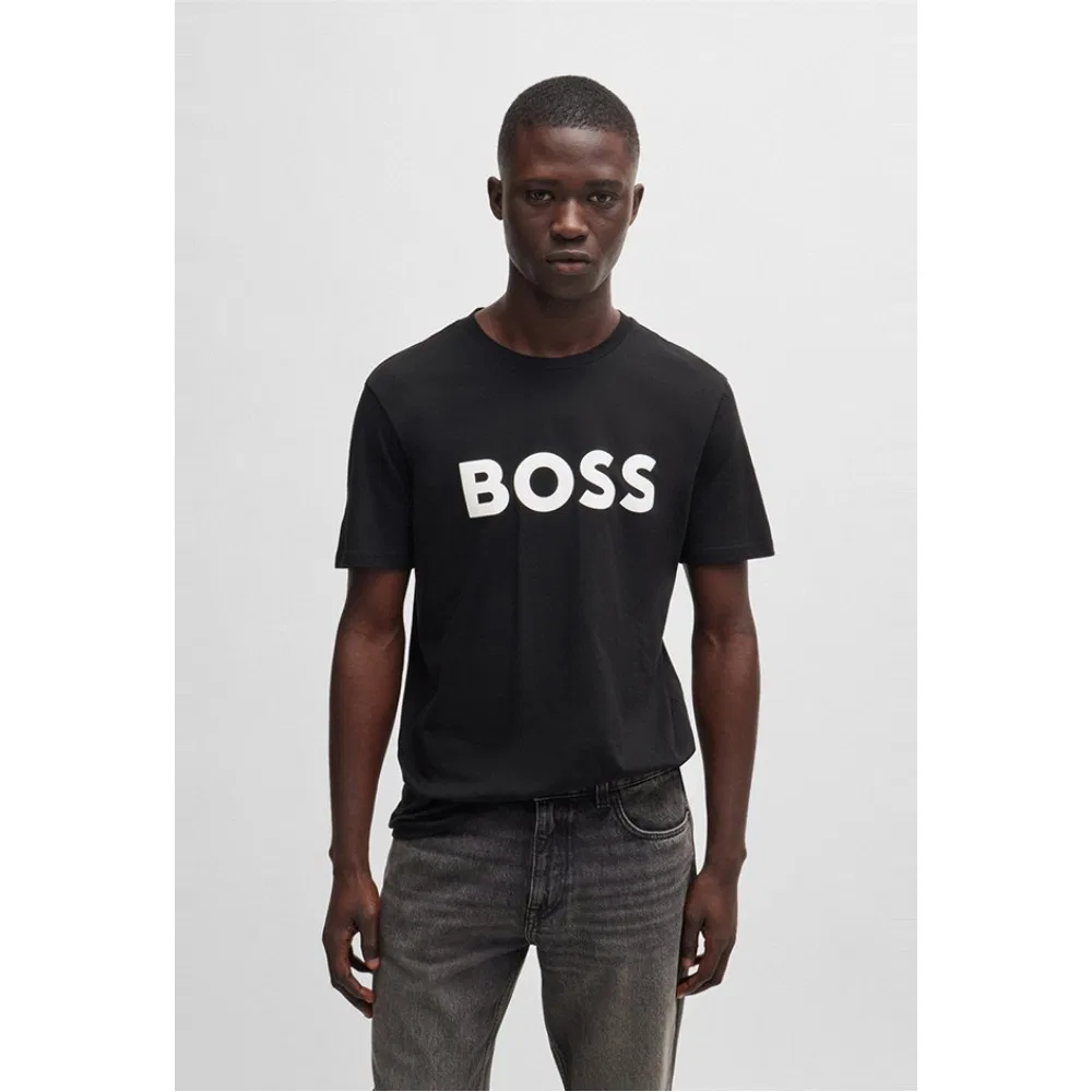 Мужская чёрная футболка стандартного кроя с логотипом от Boss — фото 4