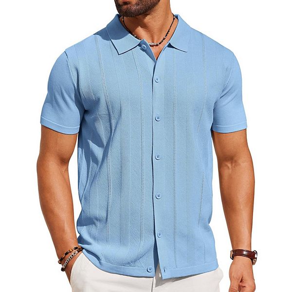 

Мужская вязаная рубашка с коротким рукавом на пуговицах casual лето пляж vintage polo Coofandy, Light Blue