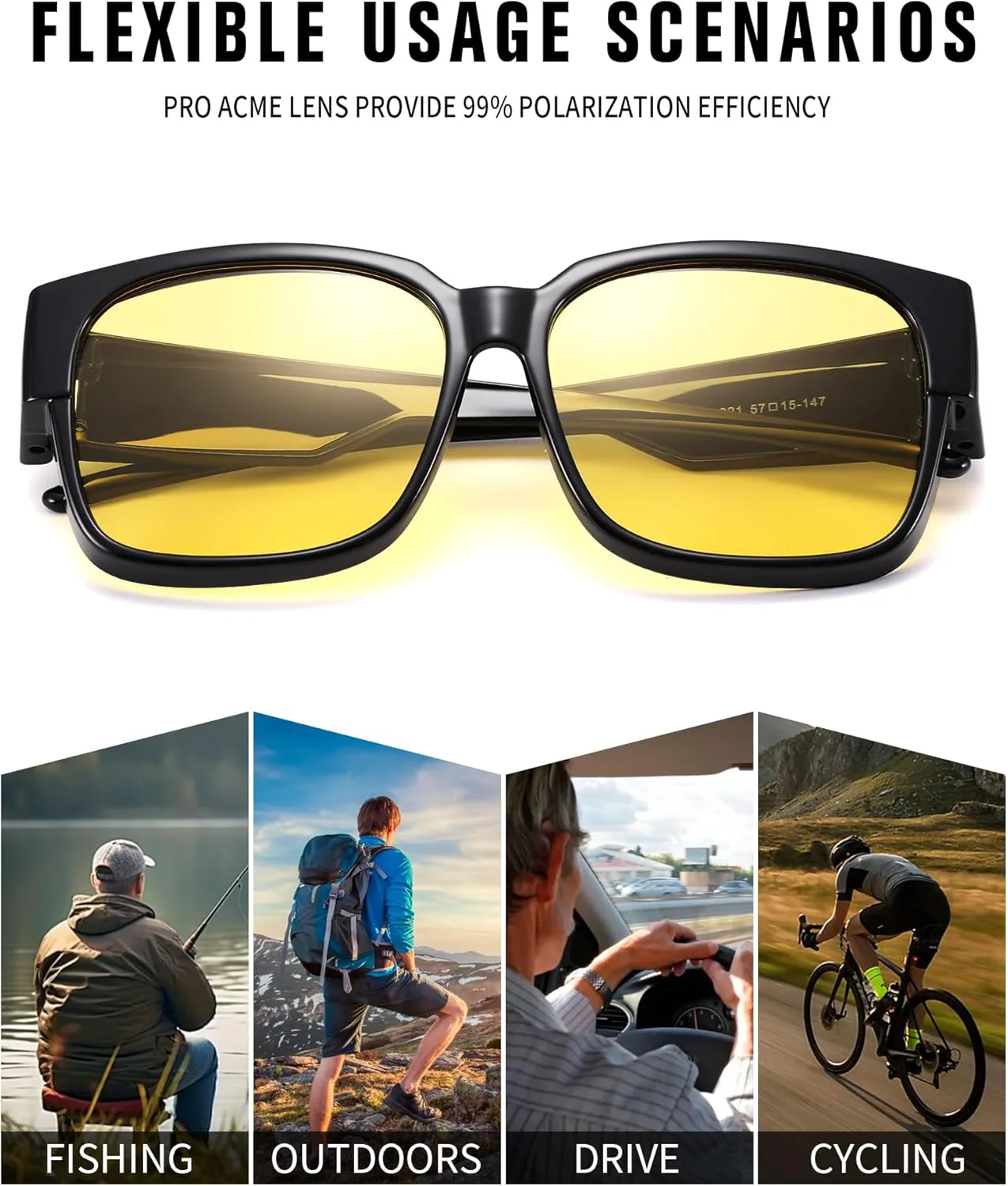 

Солнцезащитные очки Pro Acme Polarized Fit Over Sunglasses Oversized Square Over Glasses для мужчин и женщин с защитой от УФ-излучения, Black/Yellow Mirror
