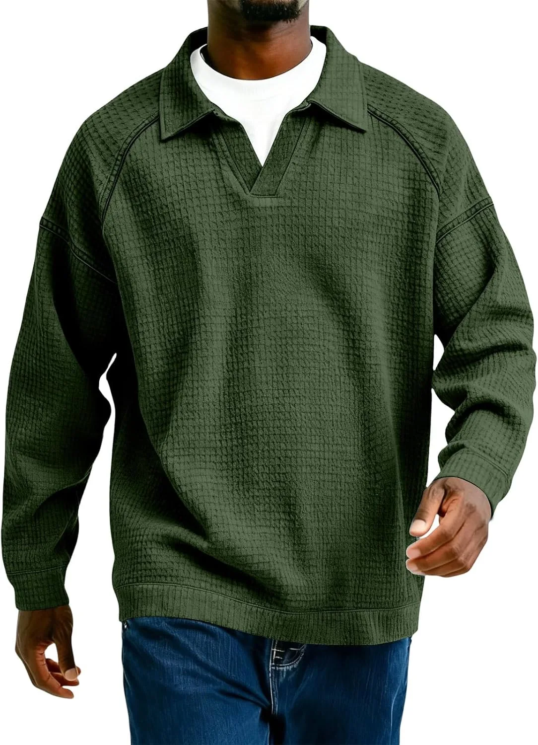 Мужская поло с длинным рукавом, вязаная вафельным узором, Casual Regular Fit, S-4XL — фото 3