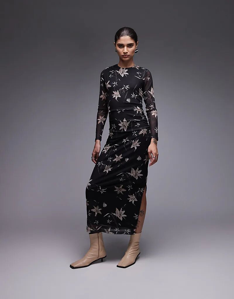 

Платье Allsaints Caia с цветочным принтом и сеткой в ​​цвете «Петра Браун»