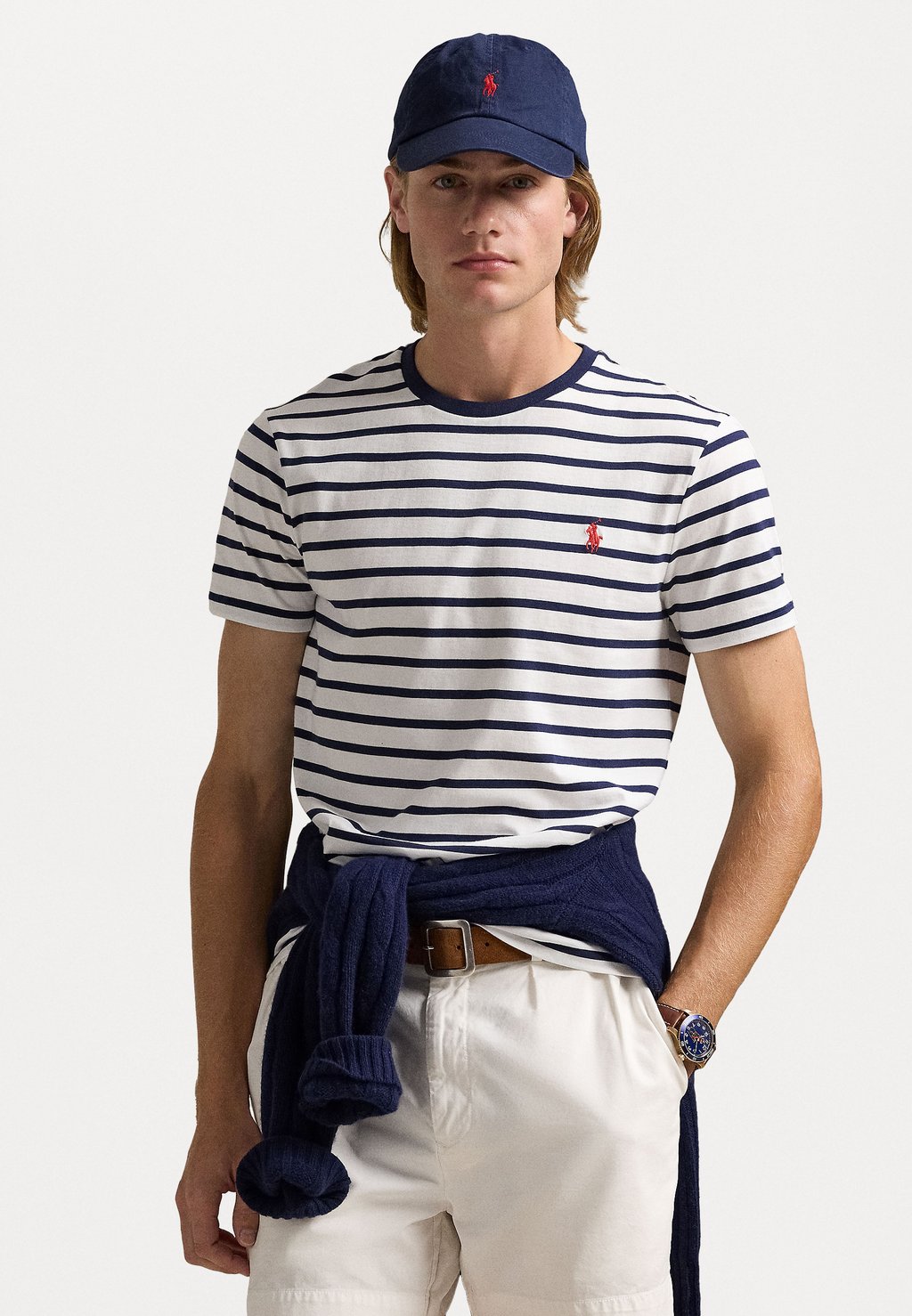 

Футболка с принтом CUSTOM SLIM FIT STRIPED JERSEY T-SHIRT Polo Ralph Lauren, темно-синий