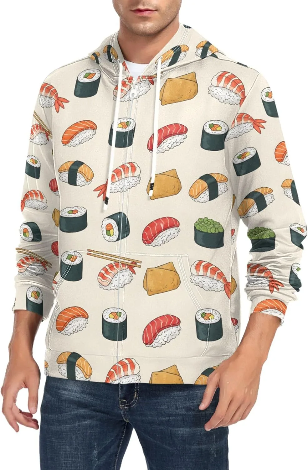 

Мужская толстовка с полной молнией, принт суши и палочки, длинный рукав, с карманом CUPADA