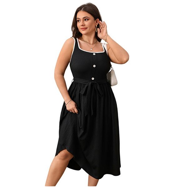 

Женское платье plus size sleeveless button u-neck pleated swing для пляжа и вечеринок Yesfashion, Black