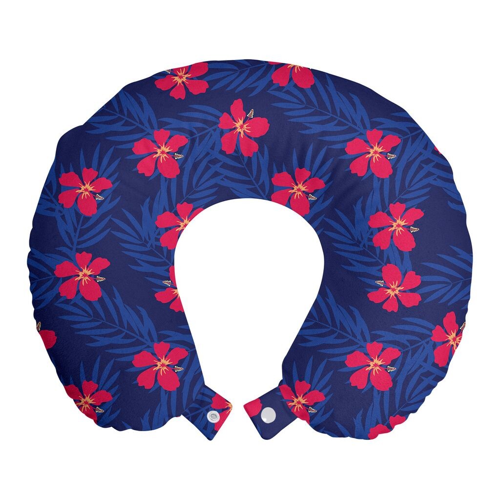 

ABAKUHAUS Тропическая подушка для путешествий, поддержка шеи, Hibiscus Blossom Jungle, пенопластовый дорожный предмет для самолета и автомобиля, 30x30 см, персидский синий темно-коралловый
