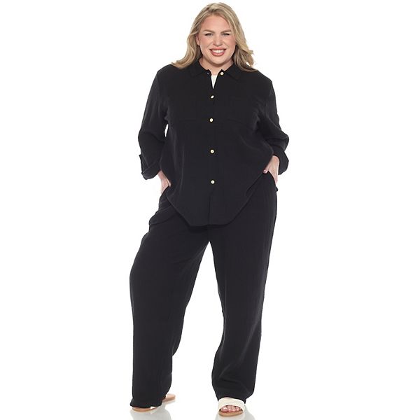 

Комплект из хлопкового муслина с длинными рукавами и пуговицами Plus size Wm Fashion, Black