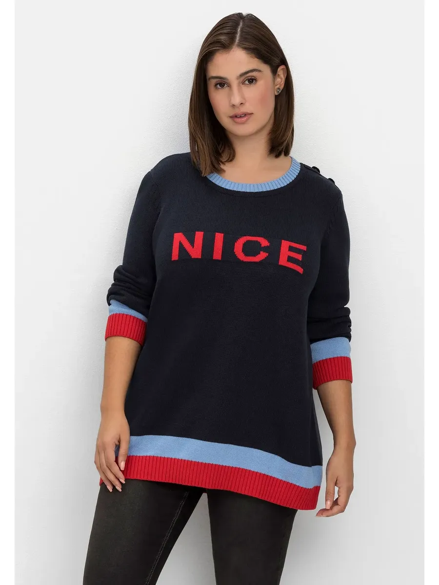 

Свитер Sheego с круглым вырезом "Большие размеры", с надписью и декоративными пуговицами, синий